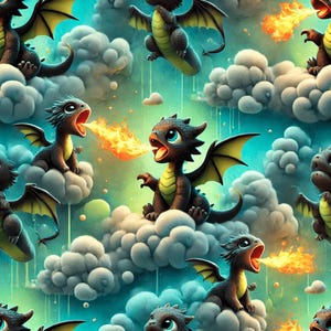 Könnte beinhalten: Ein skurriles Muster mit Zeichentrickdrachen mit schwarzen Körpern, gelben Bäuchen und grünen Flügeln. Die Drachen atmen Feuer und sitzen auf flauschigen weißen Wolken vor einem blau-grünen Hintergrund.