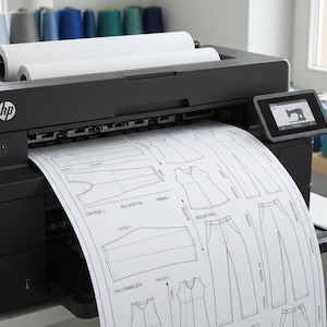Könnte beinhalten: Ein schwarzer HP-Drucker druckt ein großes Blatt Papier mit Schnittmustern. Der Drucker hat einen kleinen Bildschirm mit einem Nähmaschinen-Symbol. Rollen von weißem Papier sind geladen, und Garnrollen sind im Hintergrund zu sehen.