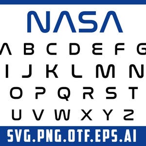 May include: A white background with the word "NASA" in a blue, rounded font. Below the word "NASA" is a black alphabet in a bold, sans-serif font. The letters are arranged in three rows. The bottom row includes the text "SVG.PNG.OTF.EPS.AI".