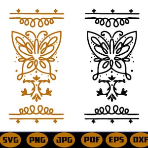 Op de afbeelding: Twee gestileerde vlinderontwerpen met sierlijke details. Het ontwerp aan de linkerkant is goud, en het ontwerp aan de rechterkant is zwart. Beide ontwerpen hebben een decoratieve rand bovenaan en onderaan.