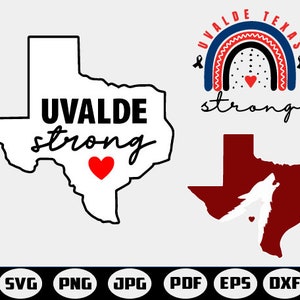 May include: A black and white outline of the state of Texas with the words "Uvalde Strong" and a red heart. The image is a design for a t-shirt or other merchandise.