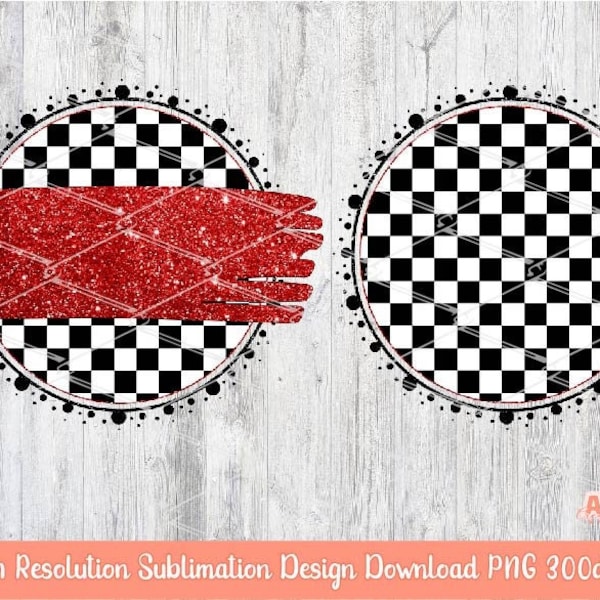 Checkered Circle Background PNG Sublimation Design - 2 Frames checkerboard | Mascot Team Blank - School Spirit - Red Glitter Brush Stroke