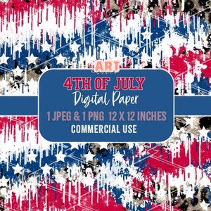 Puede incluir: Diseño de papel digital con temática patriótica. El fondo presenta una mezcla de colores rojo, blanco y azul con un efecto de pintura desgastada y goteada. Estrellas blancas están dispersas por el diseño. El texto "4TH OF JULY Digital Paper" está incluido.