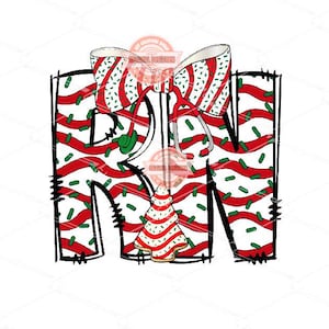 May include: A festive graphic featuring the letters "RN" in a Christmas-themed design. The letters are decorated with red and white stripes, green sprinkles, and a bow. A gingerbread cookie tree hangs below the letters. The bottom of the image reads "PNG (300DPI) DIGITAL DOWNLOAD ART".