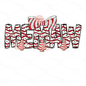 Puede incluir: Gráfico festivo con la palabra "MEAW" en un diseño navideño. Las letras están decoradas con rayas rojas y blancas de bastón de caramelo y detalles verdes. Un lazo y árboles de Navidad completan el tema festivo.