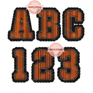 May include: Orange and black stitched letters and numbers, including ABC and 123, with a textured appearance. The design has a black border with white stitching. The bottom of the image reads "36 PNG Files (300 DPI) Digital Download ART."
