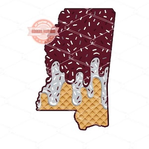 May include: A digital graphic of the state of Mississippi shaped like a waffle cone with chocolate and sprinkles. White icing drips down the side. The image includes the text "PNG (300DPI) DIGITAL DOWNLOAD".