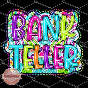 Bank Teller PNG: Neon Doodle Buchstaben, Blumensublimation (Digitaler Download)