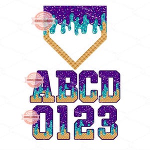 Paquete PNG del alfabeto de béisbol con efecto goteo, letras, números y base de home con efecto goteo.