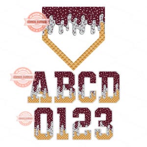 May include: Digital art featuring a home plate shape and letters A, B, C, D, and numbers 0, 1, 2, 3. The designs have a maroon and white ice cream theme with waffle cone accents. The image includes the text "37 PNG Files (300 DPI) Digital Download ART".