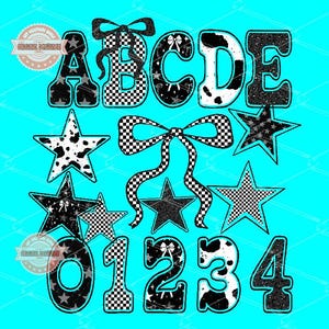 Puede incluir: Elementos de diseño digital con las letras A-E, los números 0-4, estrellas y lazos en patrones en blanco y negro. Los diseños incluyen estampado de vaca, cuadros y estrellas. El fondo es de color turquesa brillante. El texto en la parte inferior dice "188 archivos PNG (300 DPI) Descarga digital ART".
