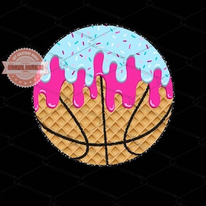 May include: A digital graphic of a basketball with a waffle texture, topped with light blue frosting and pink dripping icing. Sprinkles are scattered across the frosting. The image includes the text "PNG (300DPI) DIGITAL DOWNLOAD ART".