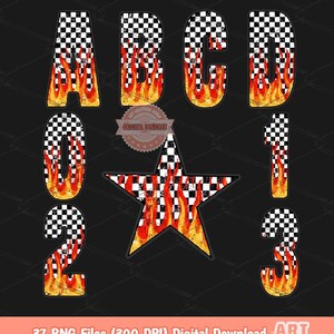 Rutigt flammigt alfabet PNG, retro racingbokstäver och siffror clipart, eldig dirt track-temadesign