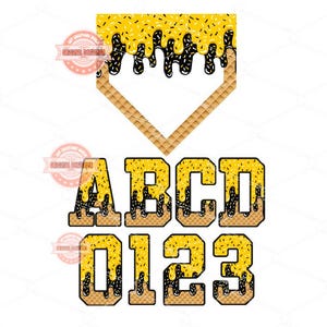 May include: Digital art featuring a baseball home plate shape and letters and numbers, all with a waffle cone texture. The letters and numbers are decorated with yellow and black dripping icing. The bottom of the image reads "37 PNG Files (300 DPI) Digital Download ART."