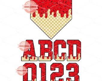 Red Drip Baseball Alphabet PNG Bundle, Drippy Sports Letters, Numbers & Home Plate Clipart