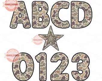 Alfabeto mimetico effetto invecchiato PNG, pacchetto di clipart con lettere e numeri militari da caccia