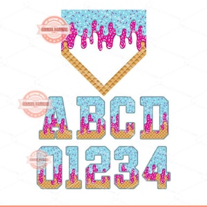 Puede incluir: Arte digital con letras y números con diseño de postre. Las letras A, B, C y D, y los números 0, 1, 2, 3 y 4, están decorados con chispas azules y glaseado rosa goteando sobre una base tipo gofre.