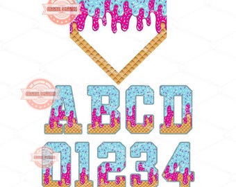 Drippy Ice Cream Alphabet Home Plate PNG Bundle, Drip Baseball Letters & Numbers Clipart