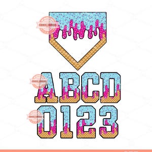 May include: Digital art featuring a baseball home plate shape and the letters A, B, C, D, and numbers 0, 1, 2, 3. Each element has a blue and pink ice cream design with sprinkles, set on a waffle cone base. The bottom of the image reads "37 PNG Files (300 DPI) Digital Download ART".