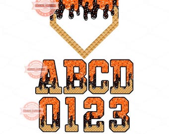 Drippy Varsity Alphabet PNG Bundle, Drip Orange & Black Letters, Numbers, Baseball Home Plate Clipart