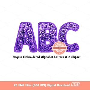 Purple Sequin Letters PNG, Original Designer Faux Embroidered Glitter Sequins Alphabet Set Clipart, Custom Alpha color Digital Download