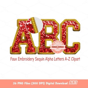 Letras de lentejuelas de bordado sintético dorado y rojo PNG, diseñador original Varsity Glitter lentejuelas alfabeto conjunto clipart, descarga digital alfa A-Z