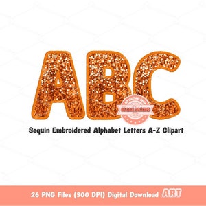 Letras de lentejuelas naranjas PNG, diseñador original falso bordado otoño Halloween brillo lentejuelas alfabeto conjunto clipart, descarga digital personalizada