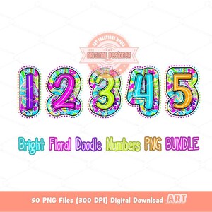 Paquete de números florales PNG, imágenes prediseñadas de números del 0 al 9 con estampado paisley brillante y colorido (descarga digital)