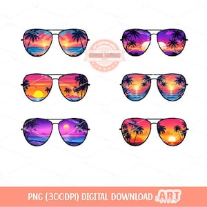 Tropical Sunset Sunglasses PNG Bundle, Summer Vacation Sublimation, Neon Beach Palm Tree Glasses Clipart