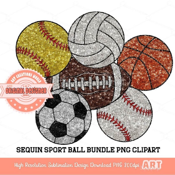 Sports Balls Sequin PNG Bundle, Football, Baseball, Softball, Basketball, Soccer ball, Volleyball Clipart Go Game Day Lover Digital Download