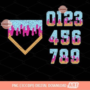 Droppnummer och hemmaplan PNG-paket, rosa blå glass basebollmatchdag Clipart