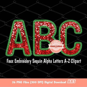 Christmas Letters Faux Embroidery Sequin PNG, Xmas Green Red Glitter Sequins Alpha Set Clipart, Christmas Sublimation & DTF Digital Download
