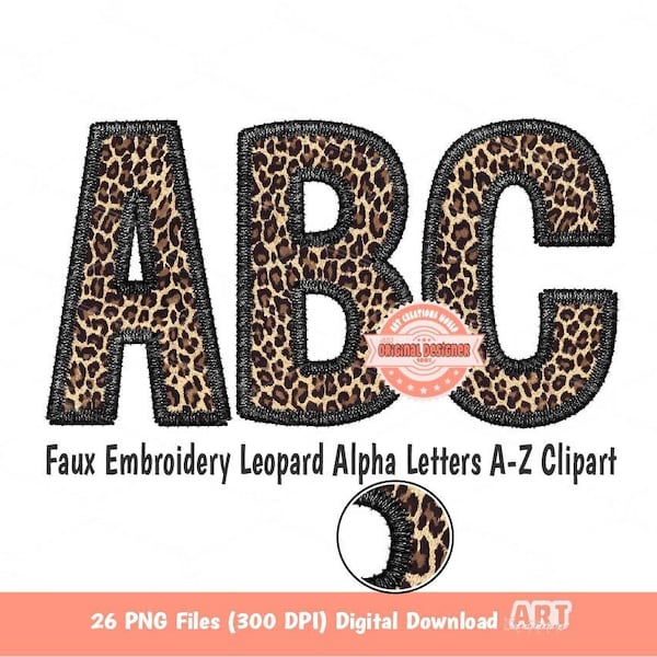 Faux Embroidery Leopard Letters PNG, Cheetah Print Wild Alpha Set Clipart, Black Leopard Safari Alphabet Sublimation & DTF Digital Download