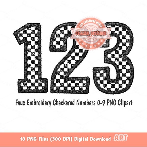 Faux Embroidery Checkered Numbers PNG, Glitter Racing Black and white Number 0-9 Set Clipart, Checkerboard Png Sublimation Digital Download