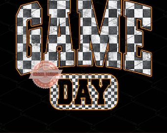 Checkered Game Day PNG, Distressed Orange and Black Checker Sublimation, Sports Shirt Design Download