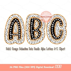 Letras pretas laranja dálmatas PNG, desenhado à mão brilhante Doodle Alpha A-Z conjunto clipart pontos alfabeto para sublimação e download digital DTF