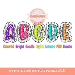 Conjunto de letras dálmatas coloridas PNG, desenhado à mão brilhante Doodle Alpha A-Z Set Clipart Marquee Dots Alfabeto Sublimação Download digital