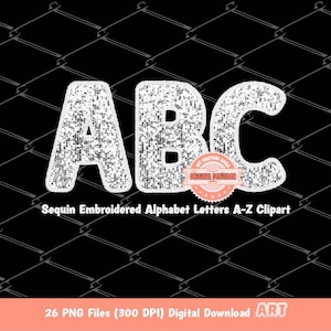Sequin Alphabet Clipart, White  Faux Embroidery Glitter Letters Clipart (Digital Download)