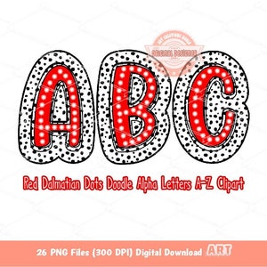 Letras Dálmatas Vermelhas PNG, Desenhado à Mão Doodle Vermelho Brilhante Alfa A-Z Conjunto Clipart Marquee Dots Alfabeto para Sublimação e Download Digital DTF