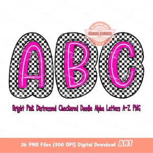 Letras de garabato a cuadros desgastadas de color rosa brillante PNG, Glitter Alpha A-Z Set Clipart Alfabeto rosa neón para sublimación y descarga digital DTF