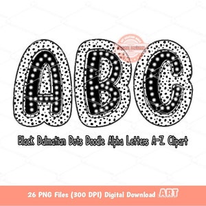 Letras Dálmatas Negras PNG, Doodle Brilhante Desenhado à Mão Alpha A-Z Set Clipart, Alfabeto de Pontos Escuros para Sublimação e Download Digital DTF