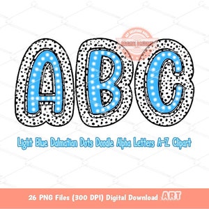 Letras Dálmatas Azul Claro PNG, Desenhado à Mão Doodle Azul Brilhante Alfa A-Z Conjunto Clipart Pontos Alfabeto para Sublimação e Download Digital DTF