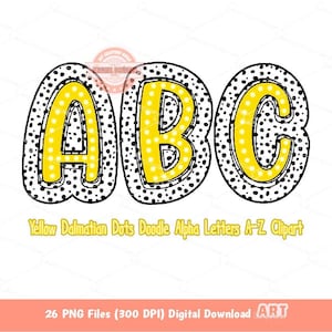 Letras Dálmatas Amarelas PNG, Mão Desenhada Brilhante Doodle Alfa A-Z Conjunto Clipart Marquee Dots Alfabeto para Sublimação e Download Digital DTF