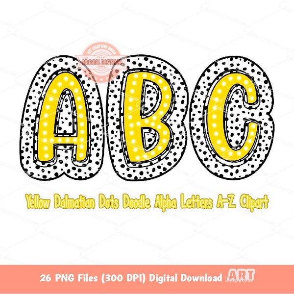 Yellow Dalmatian Letters PNG, Hand Drawn Bright Doodle Alpha A-Z Set Clipart Marquee Dots Alphabet for Sublimation and DTF Digital Download