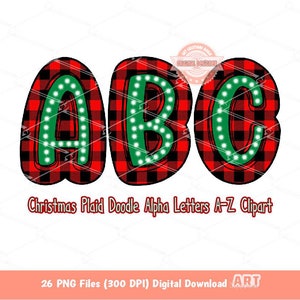 Letras de Rabisco de Natal PNG, Mão Desenhada Verde Vermelho Buffalo Xadrez Brilhante Alfa A-Z Conjunto Clipart Alfabeto para Sublimação e Download DTF