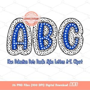 Letras dálmatas azules PNG, dibujado a mano brillante azul real Doodle Alpha A-Z Set Clipart Dots Alfabeto para sublimación y descarga digital DTF
