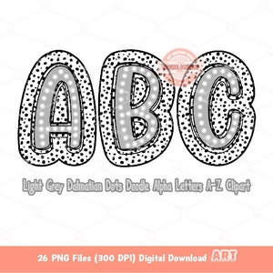 Letras Dálmatas Cinza Claro PNG, Desenhado à Mão Doodle Azul Brilhante Alfa A-Z Conjunto Clipart Pontos Alfabeto para Sublimação e Download Digital DTF