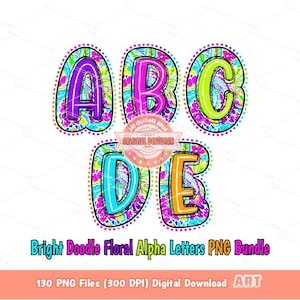 Pacote de letras PNG de Doodle brilhante, desenhado à mão colorido Paisley Floral Alpha A-Z Conjunto Clipart Neon Trendy Alphabet Sublimação Download digital