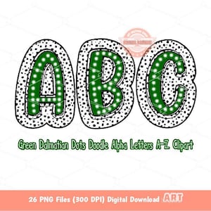 Letras dálmatas verdes PNG, conjunto de puntos de alfabeto de garabatos verdes oscuros dibujados a mano de la A a la Z para sublimación y descarga digital DTF