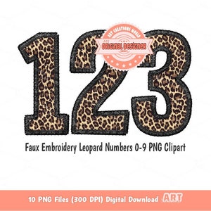 Números de leopardo PNG, imágenes prediseñadas con estampado de guepardo de imitación de bordado (descarga digital)
